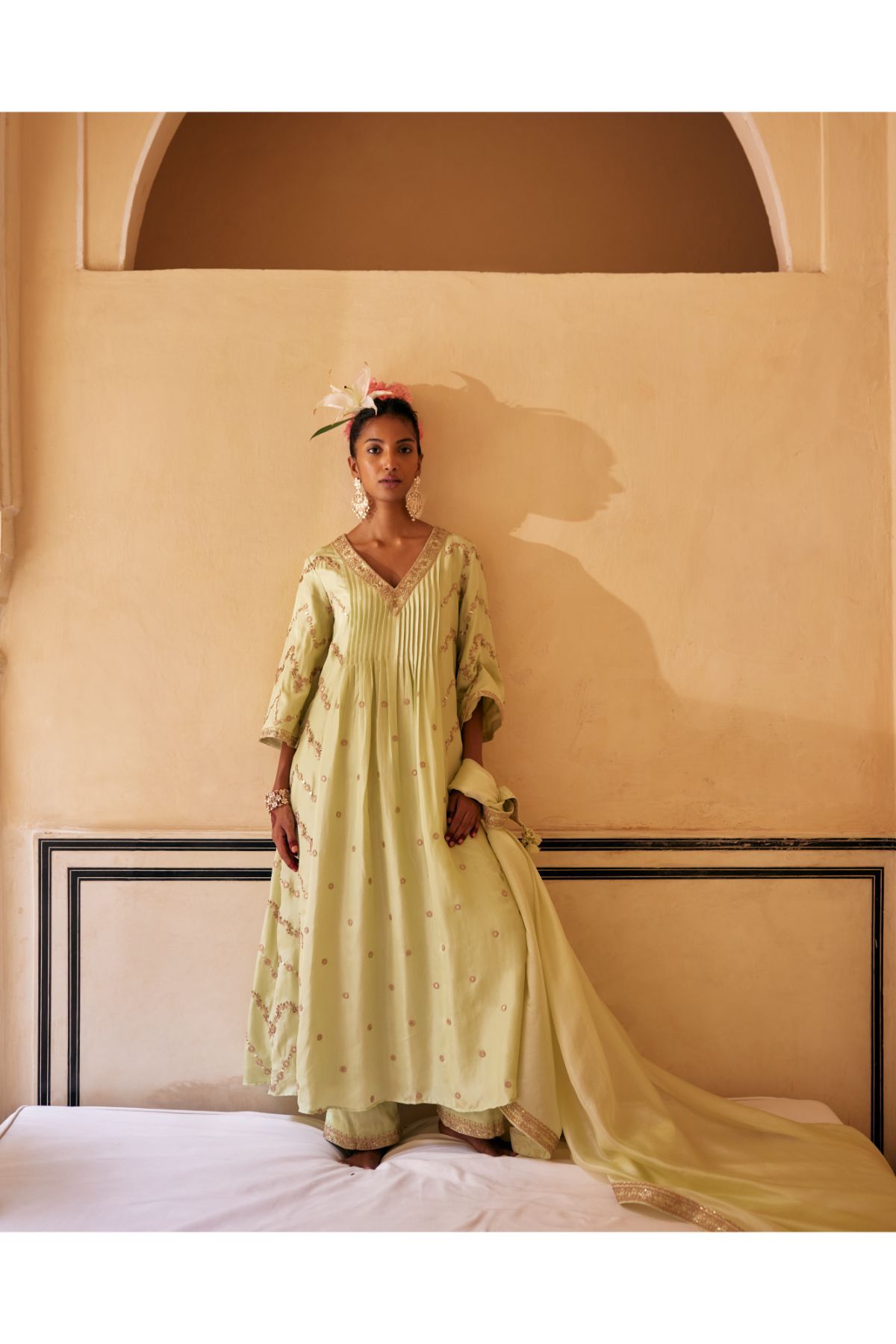 Mint Silk Anarkali Paired With Pants & Dupatta