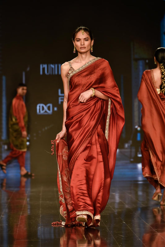 Brick Red Embroidered Saree with Strappy Blouse