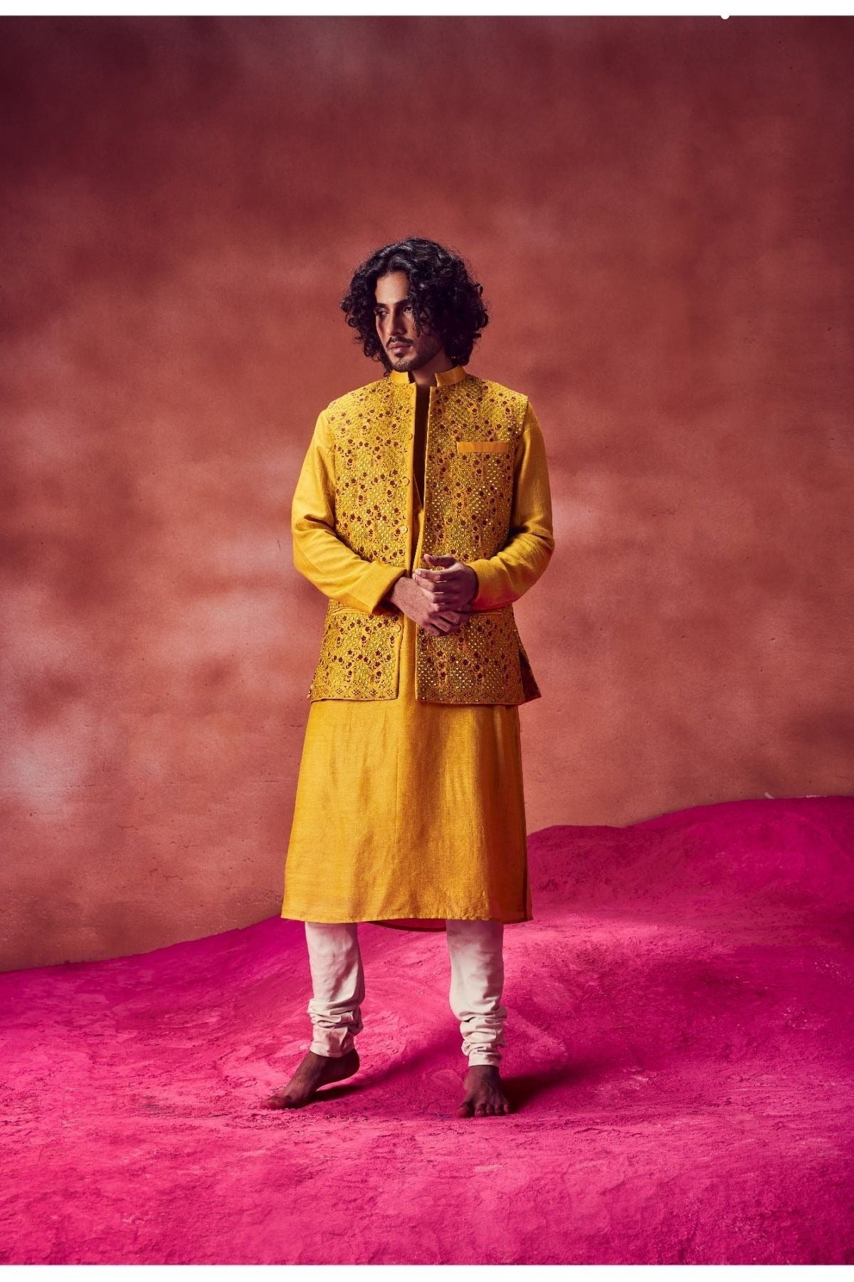 Yellow Kurta Paired With Embroidered Bandi & Churidar