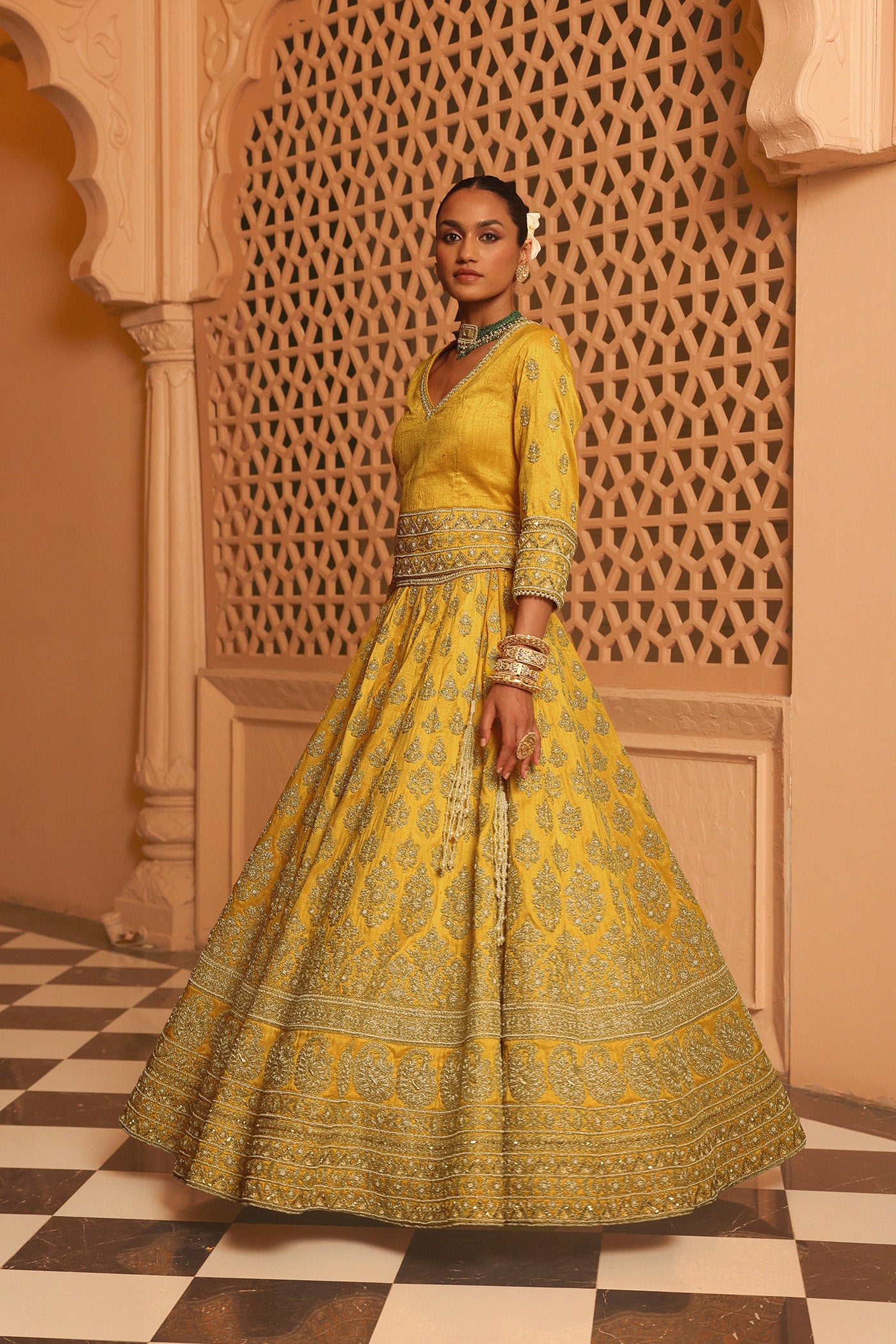 Noorali - Mustard Lehenga with Choli and Dupatta