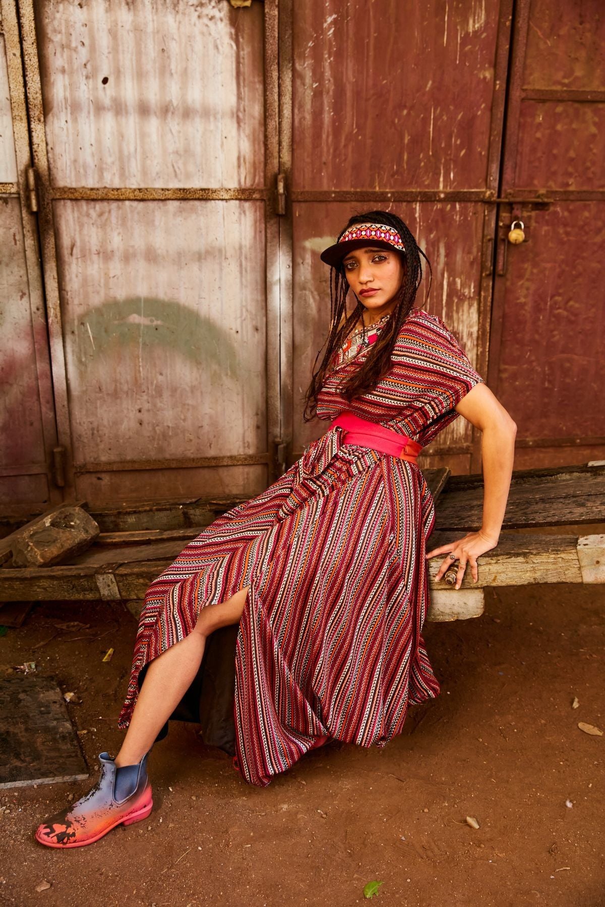 Bohemian Stripe One Shoulder Cowl Dress M / Multi