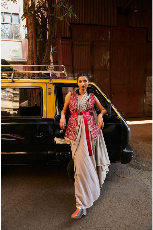 Concrete Grey Pre Stitched Saree With Jacket