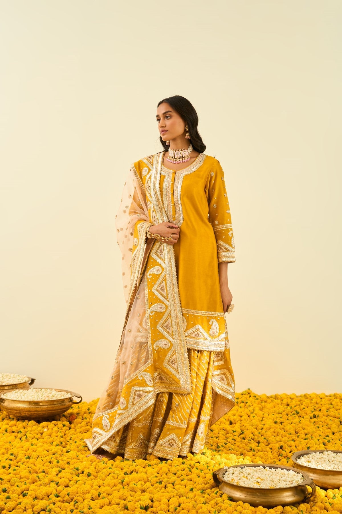 Shafna- Glaze Mustard short kurta with garara and dupatta