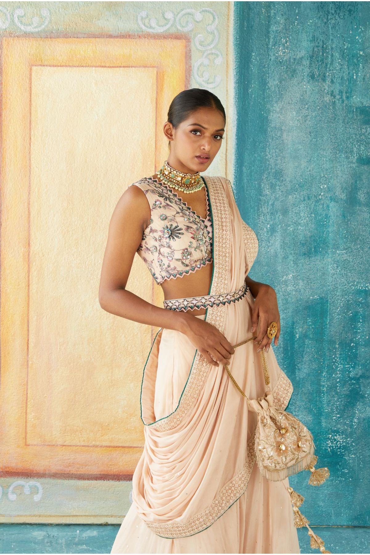 Beige Plain Draped Saree