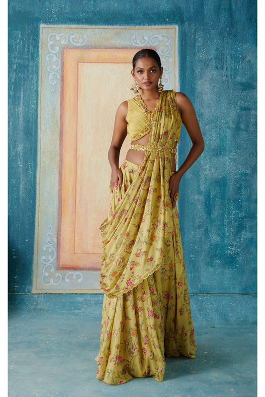 Lime Printed Draped Saree