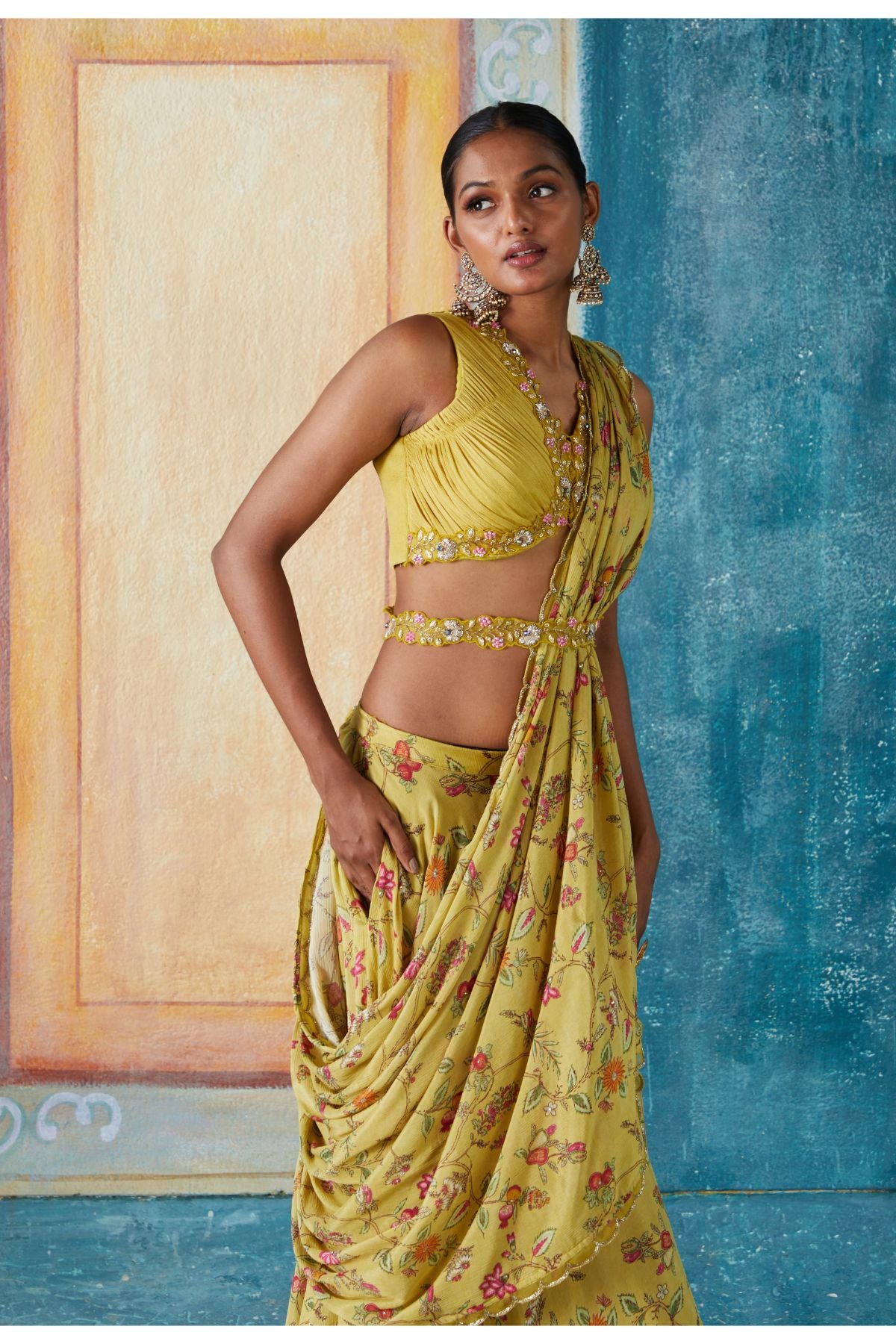Lime Printed Draped Saree