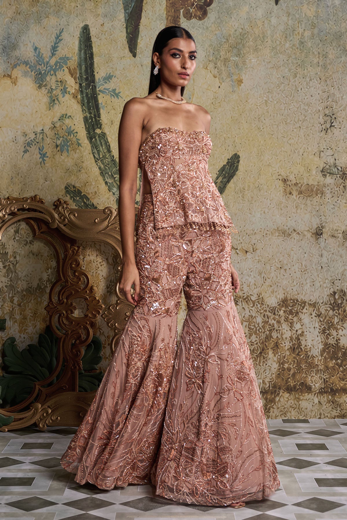 ROSE GOLD ABSTRACT FLORAL EMBELLISHED KURTI SET