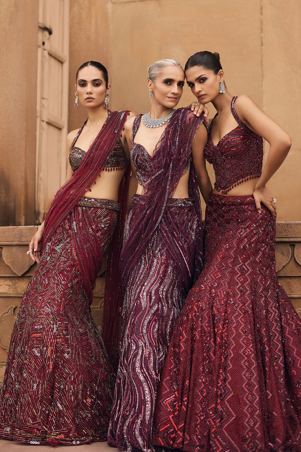 MAROON ABSTRACT EMBELLISHED SAREE SET