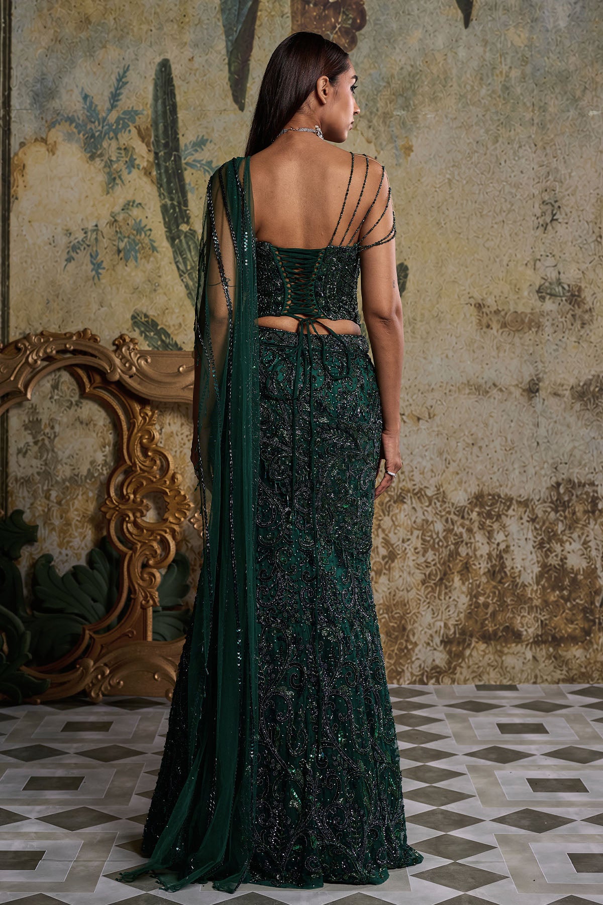 BOTTLE GREEN EMBELLISHED CORSET SAREE SET