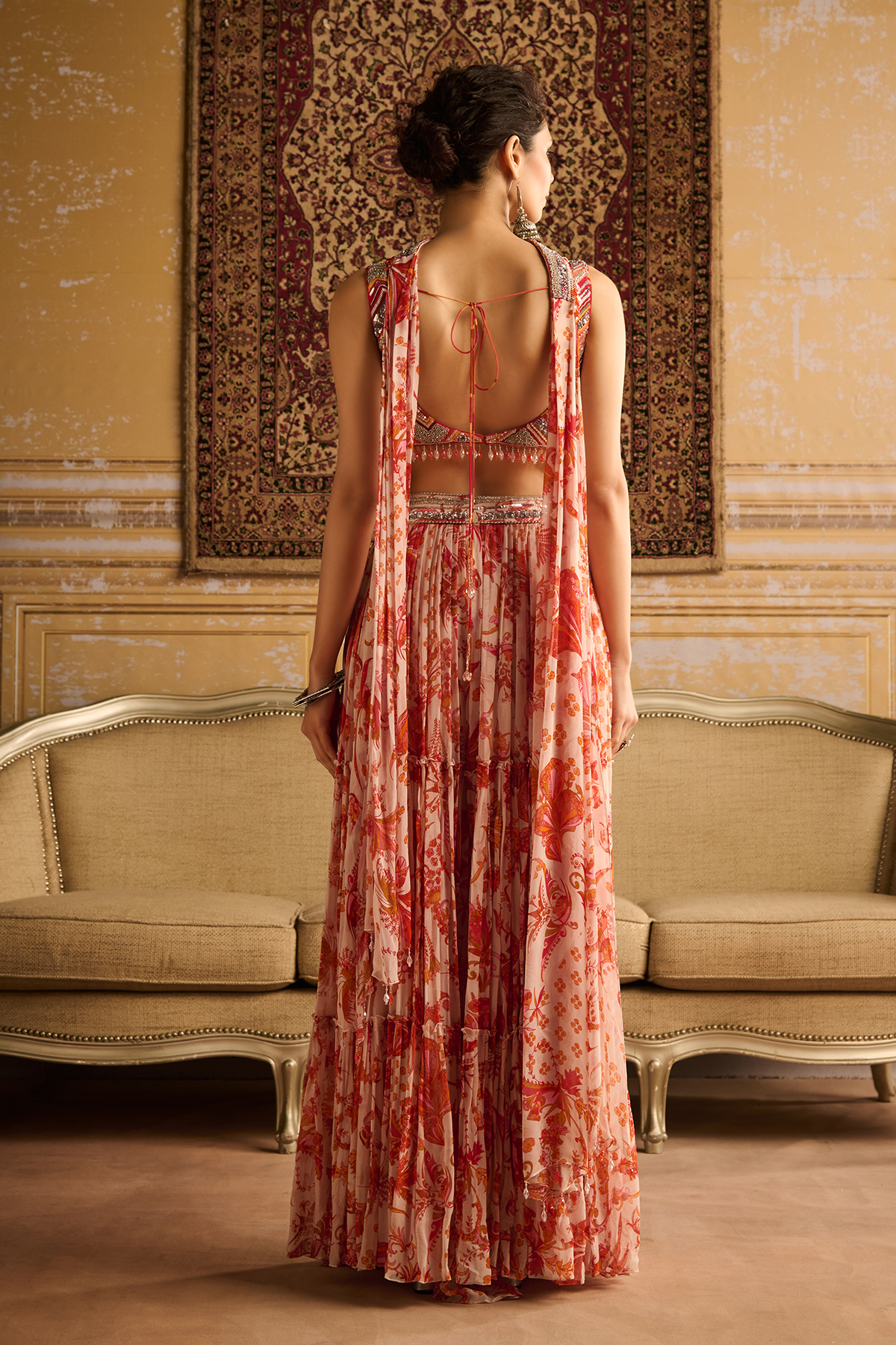 Orange zig-zag print & embroidered blouse and Gharara set