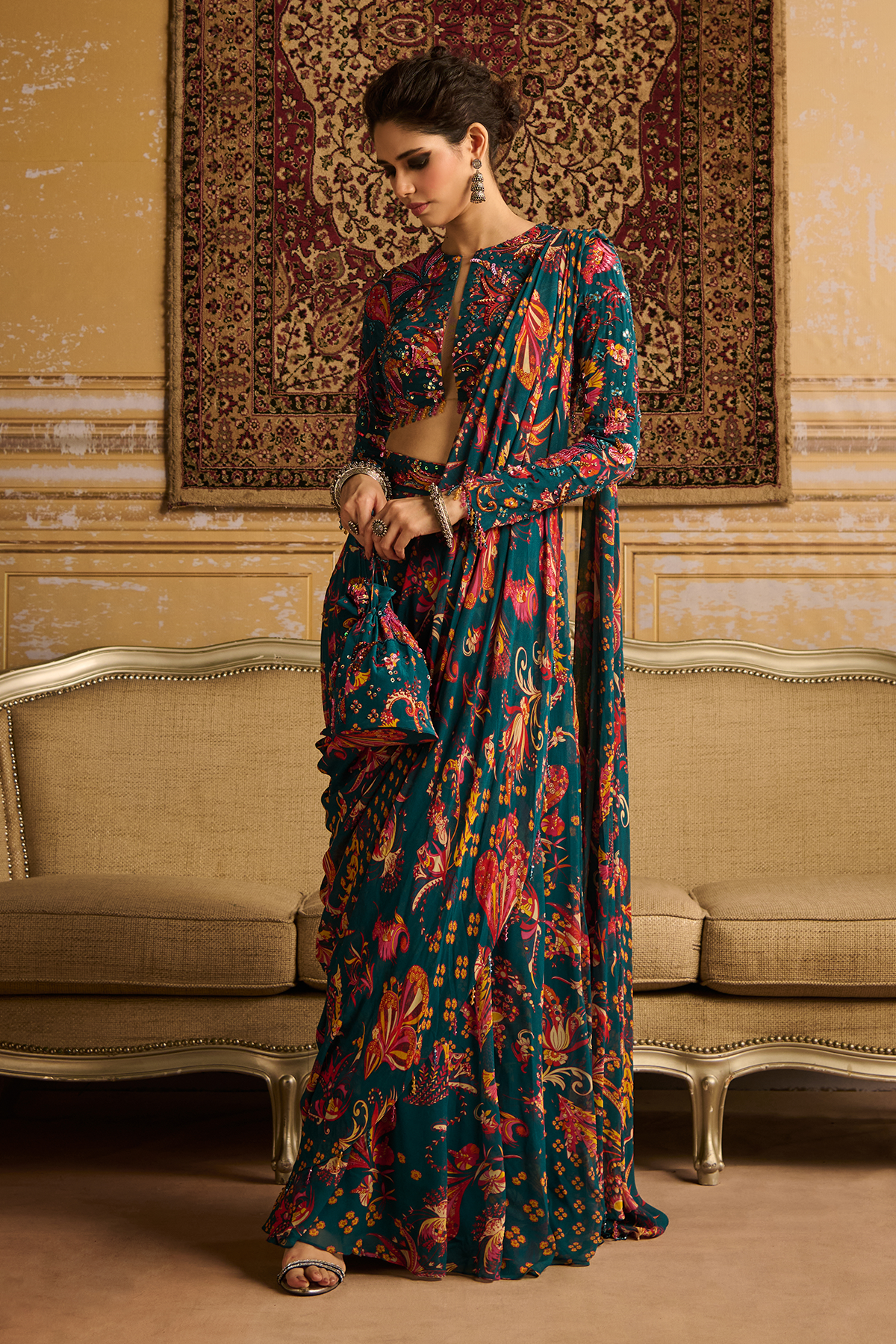 Teal embroidered blouse with pant saree set