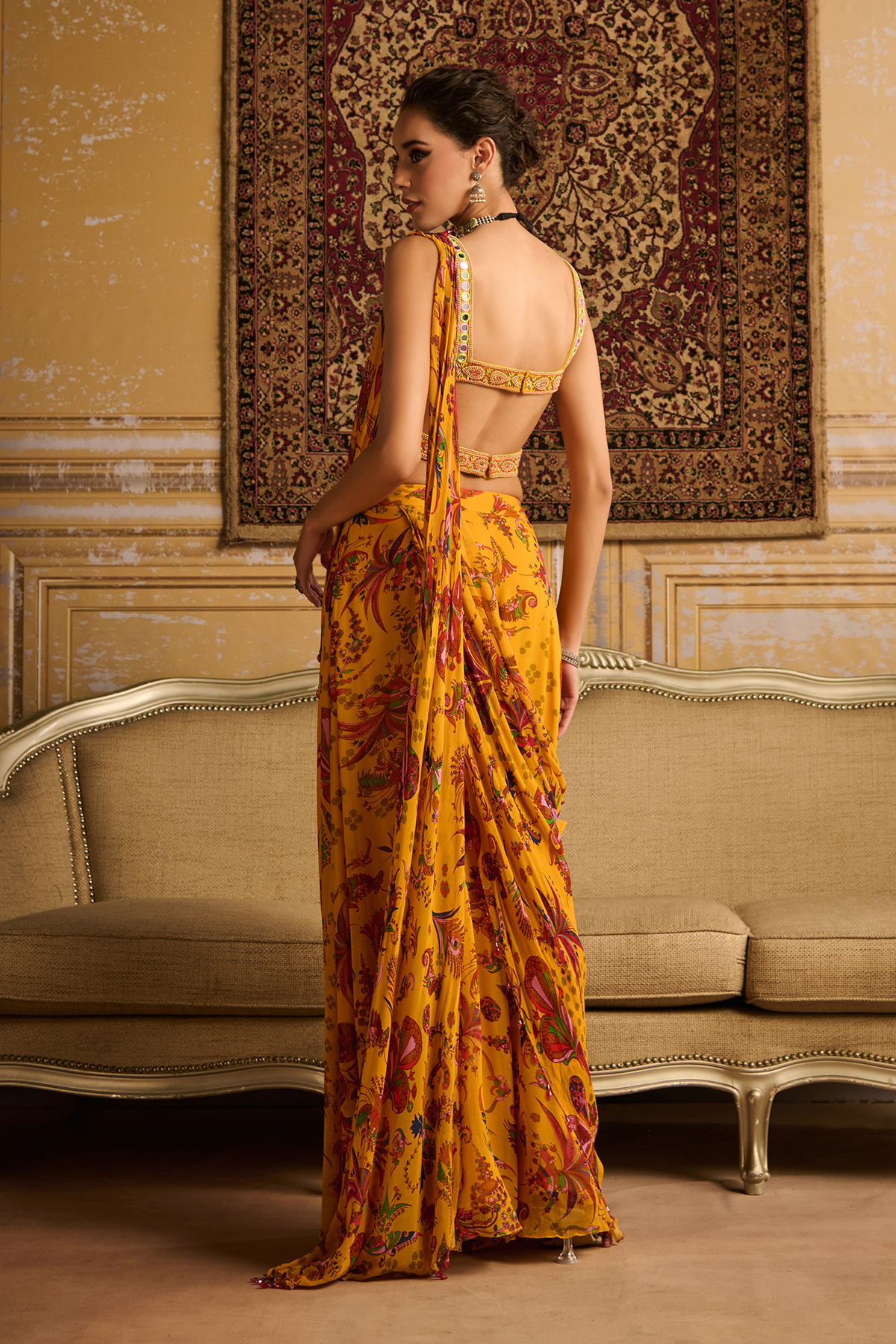 Yellow embroidered blouse and sharara saree set