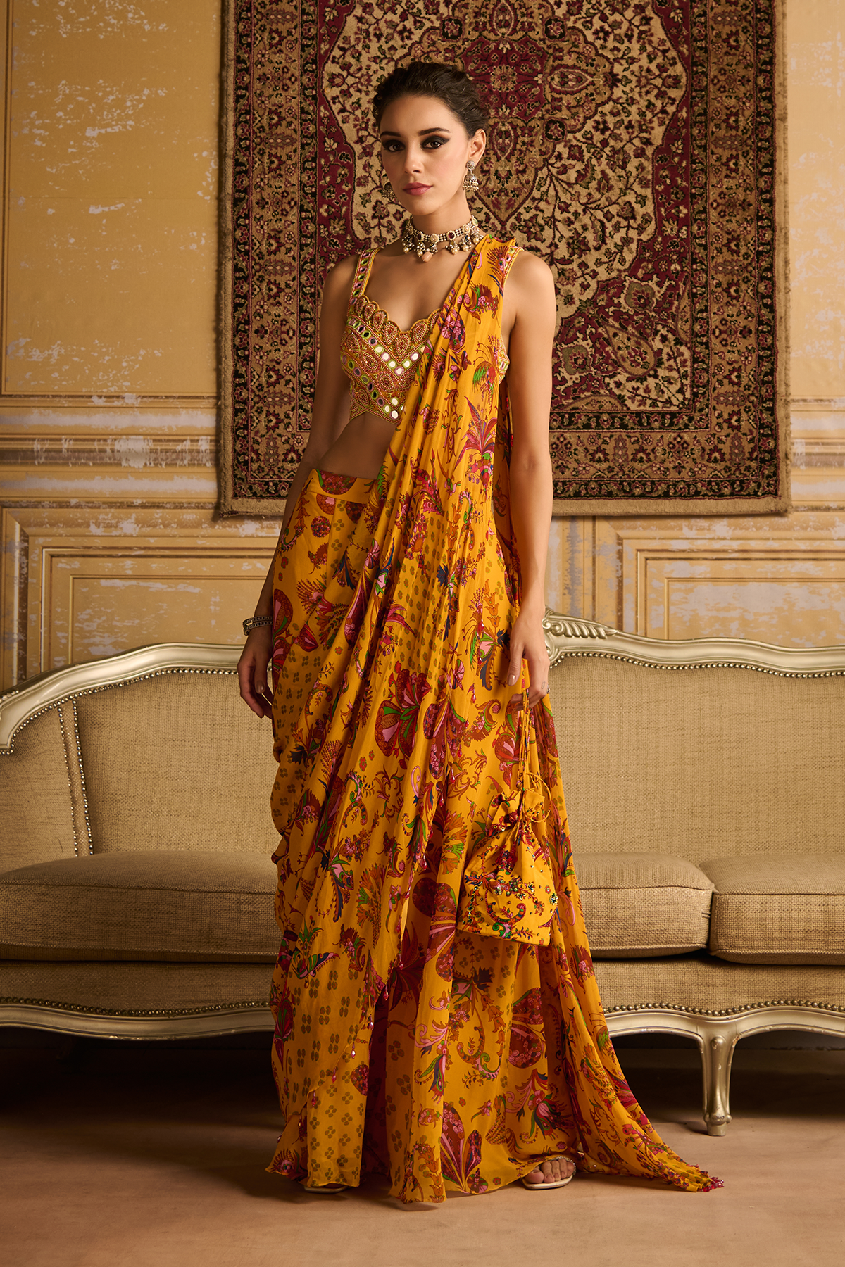 Yellow embroidered blouse and sharara saree set