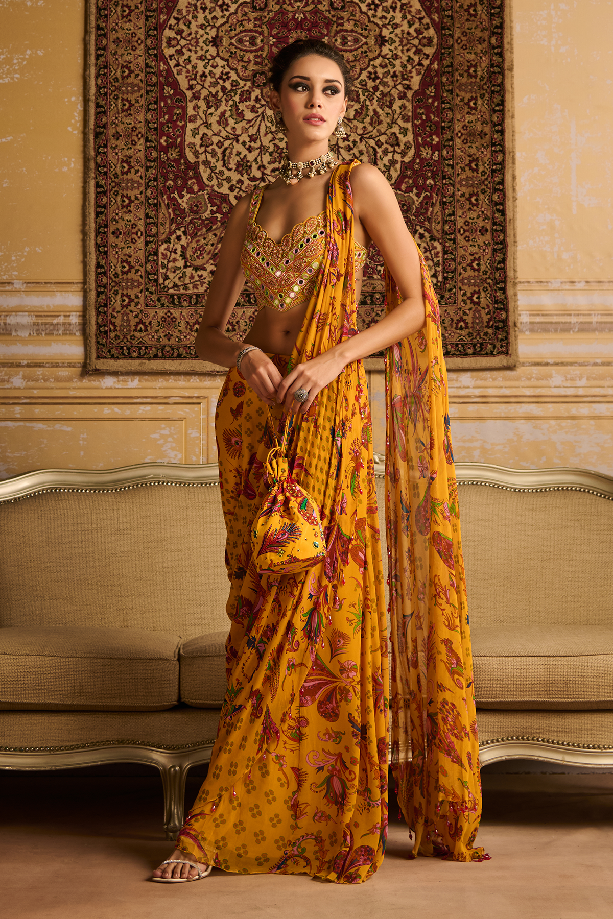 Yellow embroidered blouse and sharara saree set