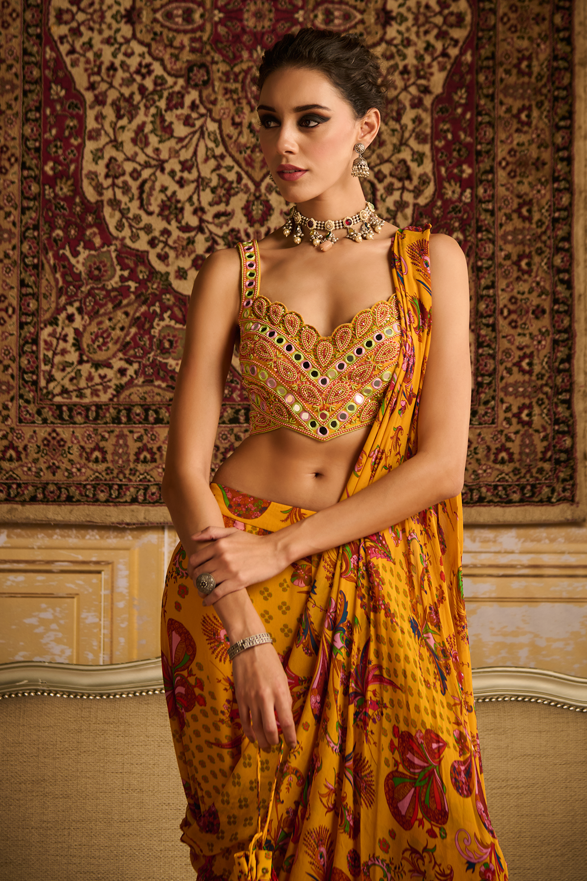 Yellow embroidered blouse and sharara saree set