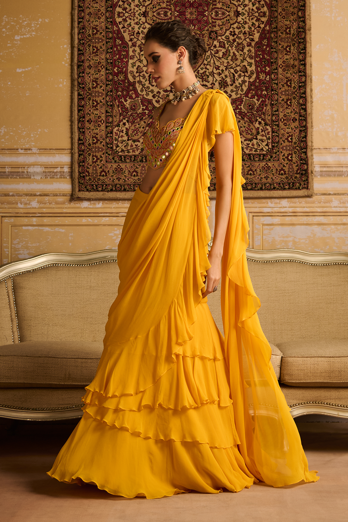 Yellow embroidered blouse and skirt saree set