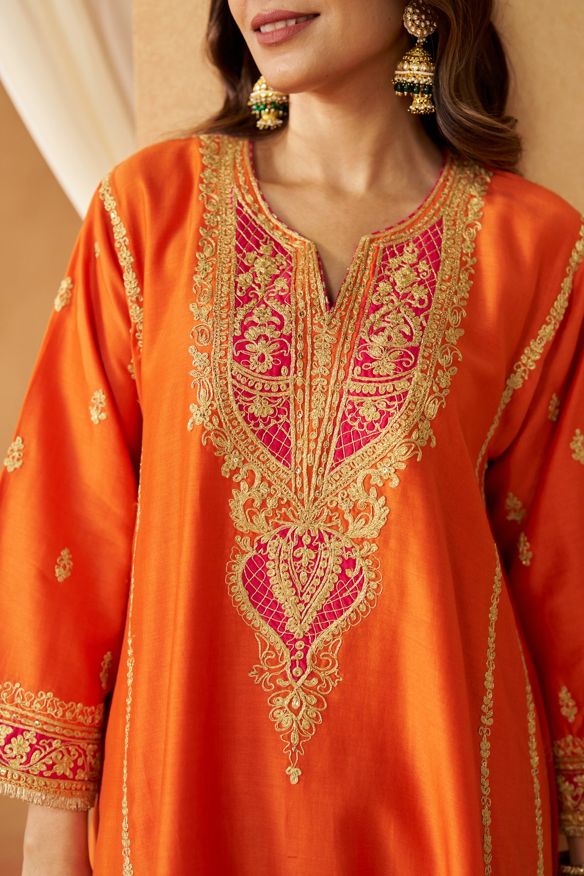 Maahgul - Burnt Orange Short Kalidaar Chauga with Salwar & Light Dupatta