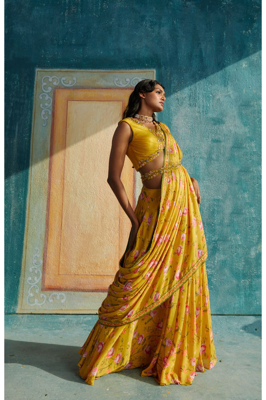 Yellow Printed Draped Saree