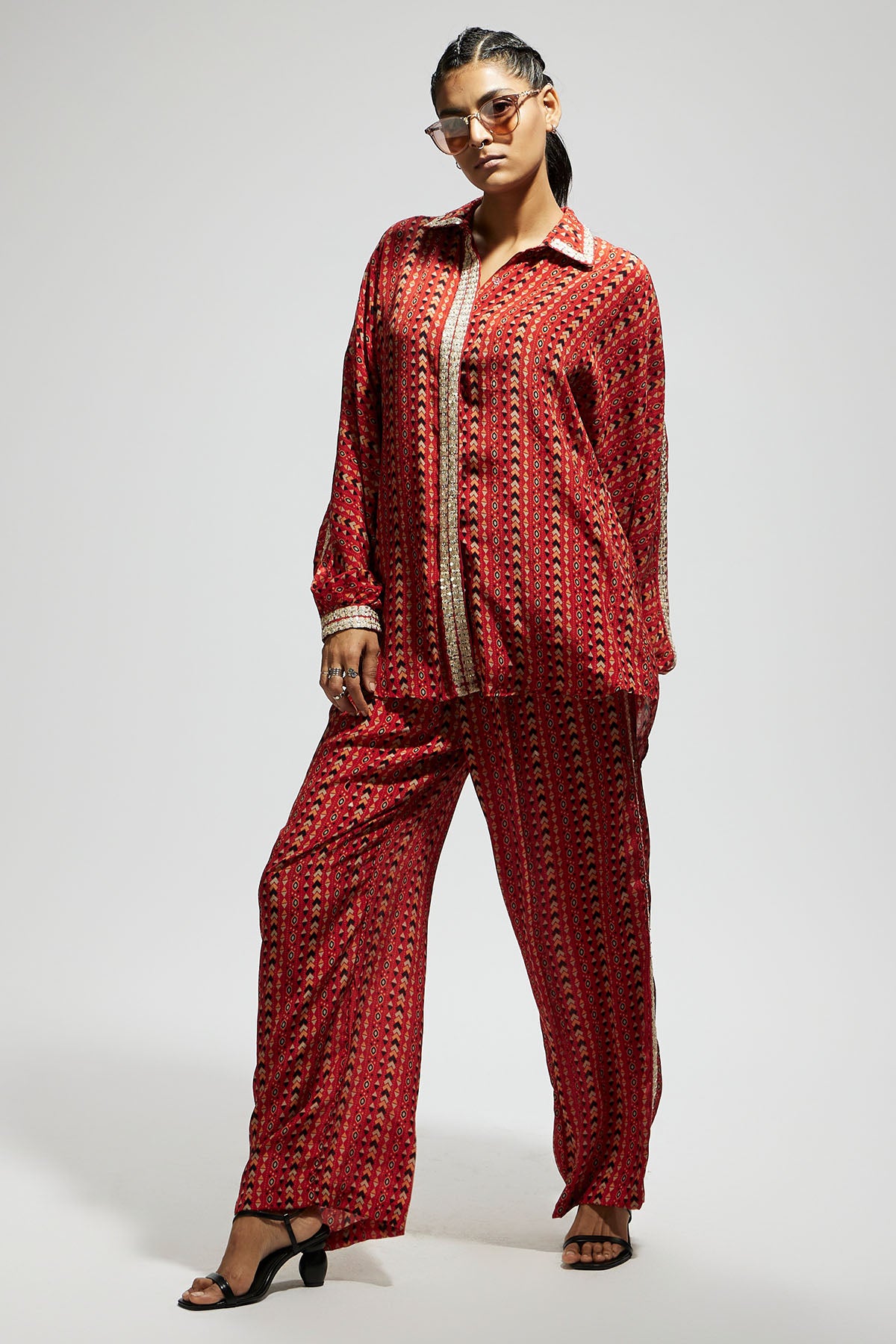 Orange Boho Print Embellished Oversized Coord Set