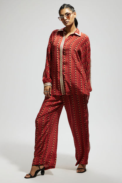 Orange Boho Print Embellished Oversized Coord Set