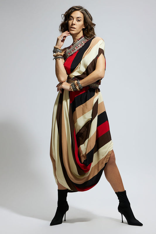Samsara Stripe One Shoulder Cowl Dress Teamed with A Belt