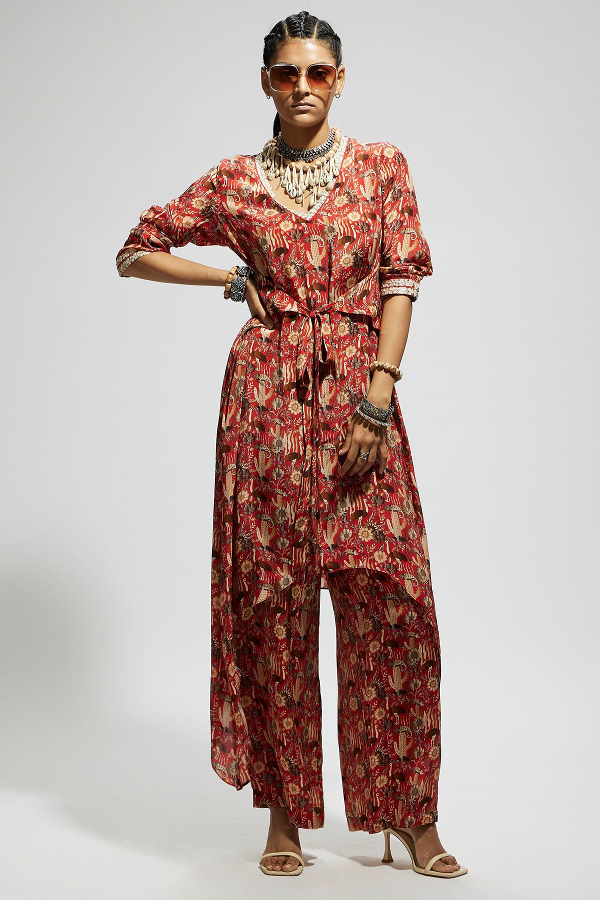 Orange Jaal Print Front Tie up Tunic