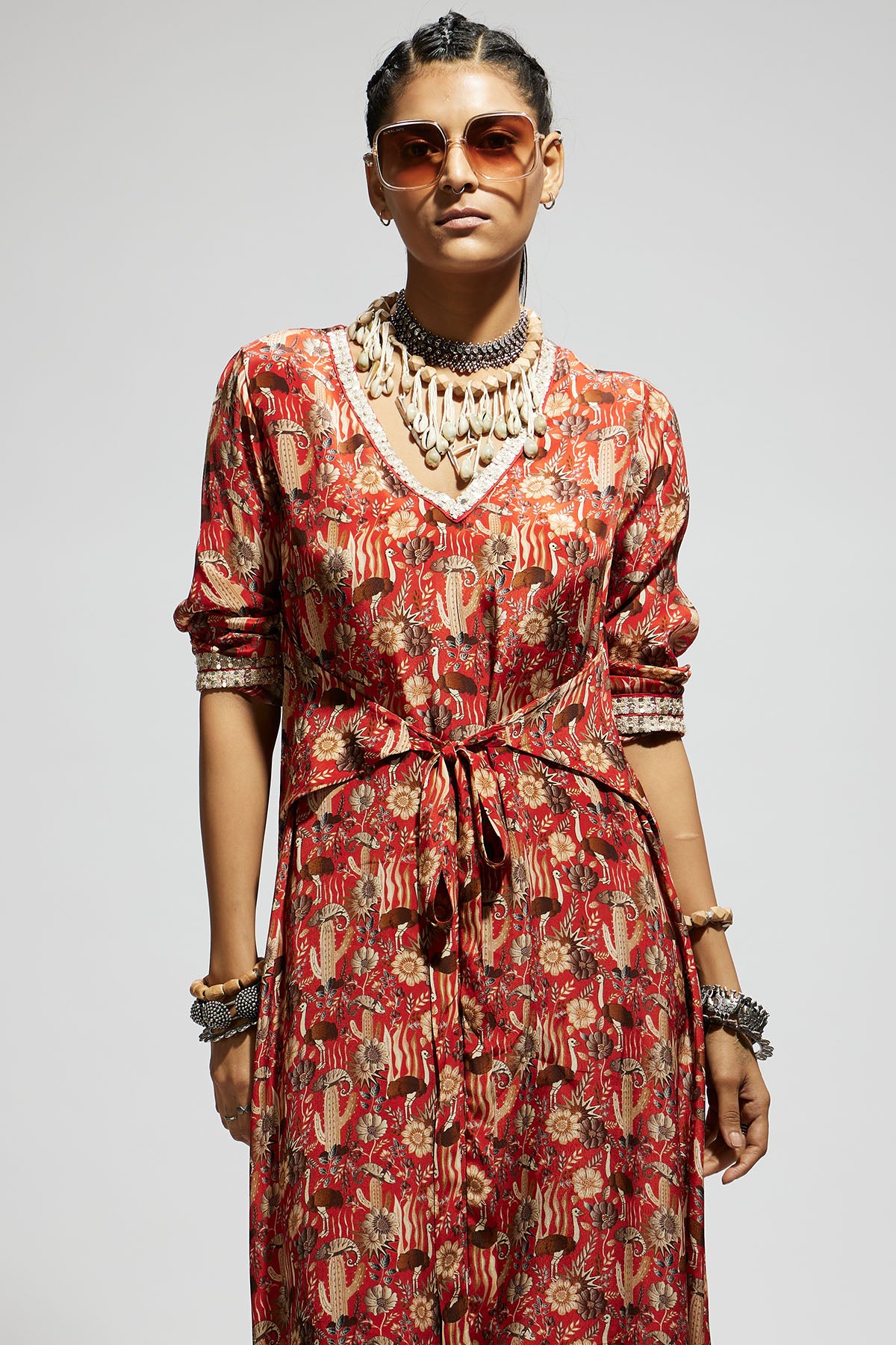 Orange Jaal Print Front Tie up Tunic