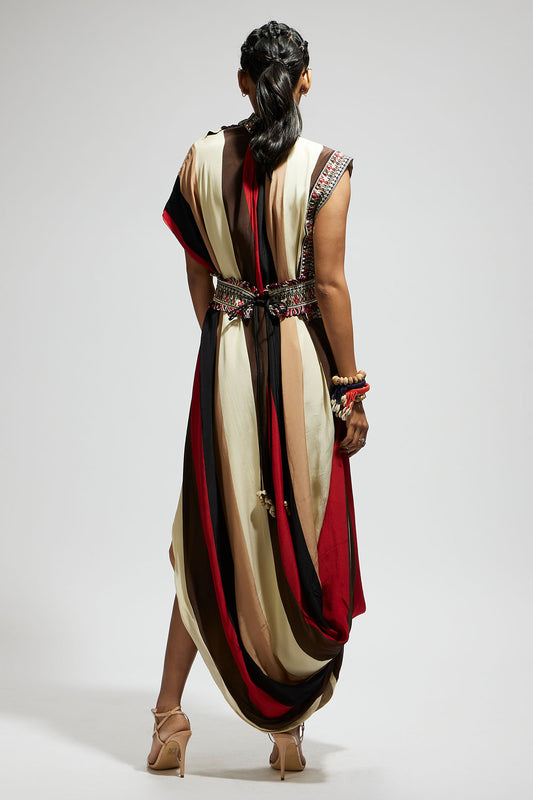 Samsara Stripe Print Cowl Dress Teamed with A Belt