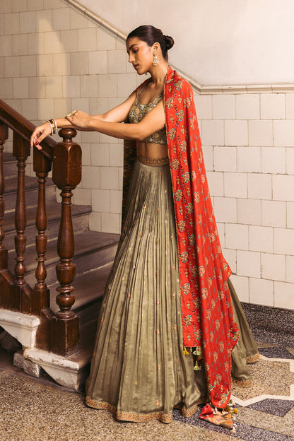 Green Embroidery Bustier Lehenga Set