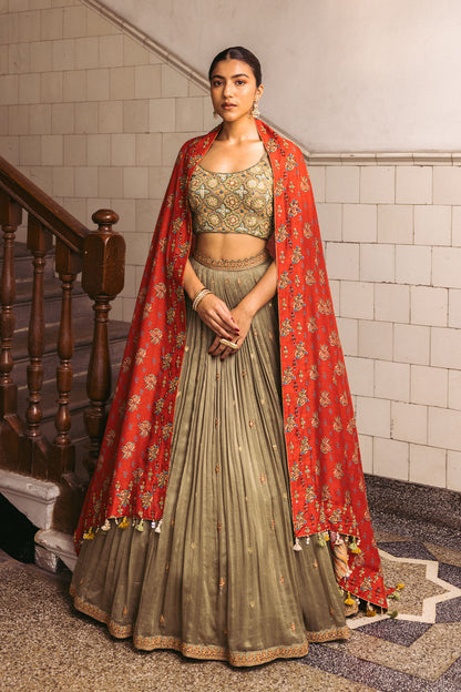 Green Embroidery Bustier Lehenga Set
