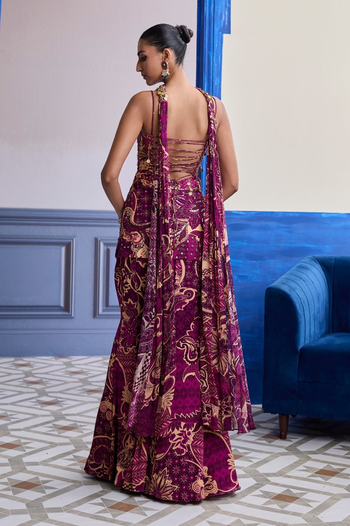 MAGENTA FLORAL STRUCTURED KURTI WITH BELL BOTTOM PANTS & CHOKER DUPATTA SET