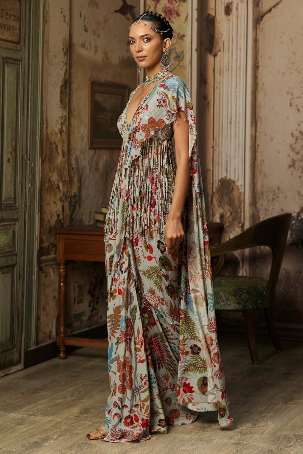 SLATE GREY PRINTED AND HIGHLIGHTED DHOTI SKIRT SAREE SET