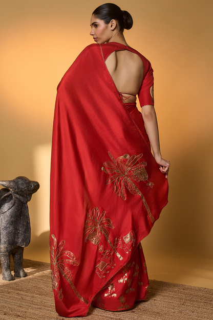 Red Tropical Nandi Saree
