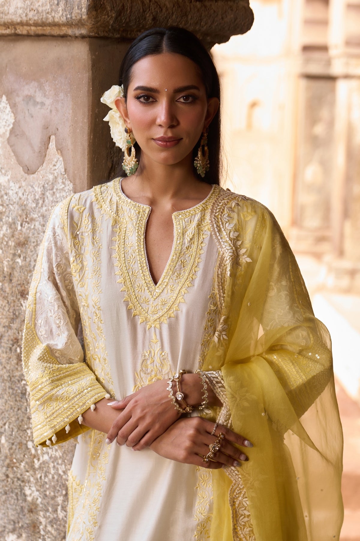 Nurvi - Daisy Ivory With Lemon Yellow Long A-line Kurta With Palazzo And Dupatta