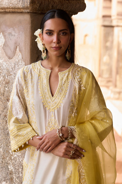 Nurvi - Daisy Ivory With Lemon Yellow Long A-line Kurta With Palazzo And Dupatta