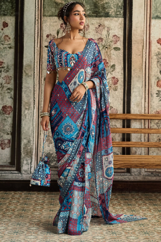 TEAL PRINT AND AND HIGHLIGHTED PRE-DRAPED CLASSIC SAREE SET