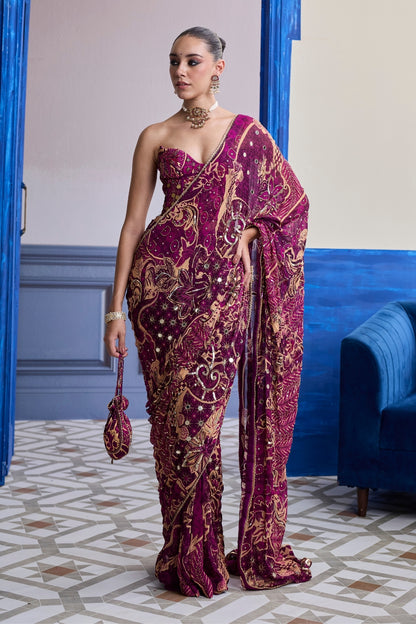 MAGENTA FLORAL CORSET WITH DRAPE CLASSIC SKIRT SAREE SET