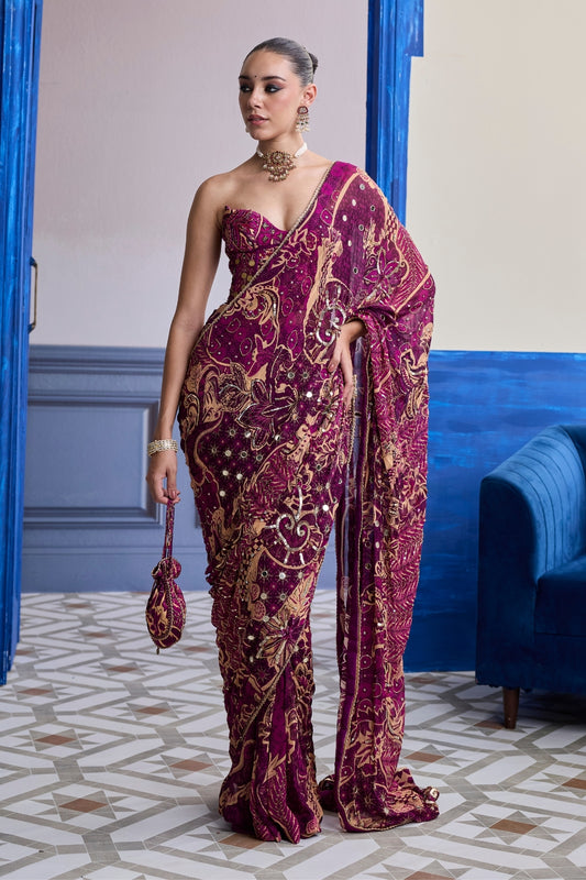 MAGENTA FLORAL CORSET WITH DRAPE CLASSIC SKIRT SAREE SET