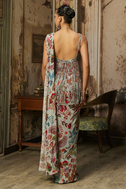 SLATE GREY PRINTED AND HIGHLIGHTED DHOTI SKIRT SAREE SET