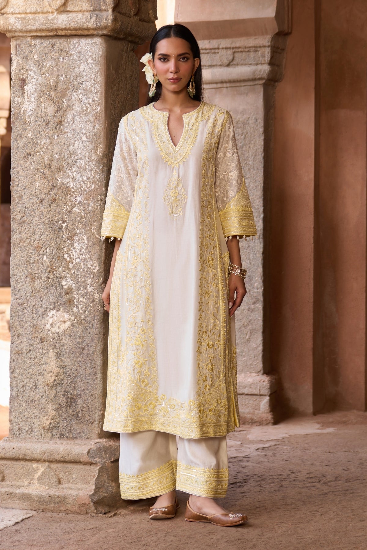 Nurvi - Daisy Ivory With Lemon Yellow Long A-line Kurta With Palazzo And Dupatta