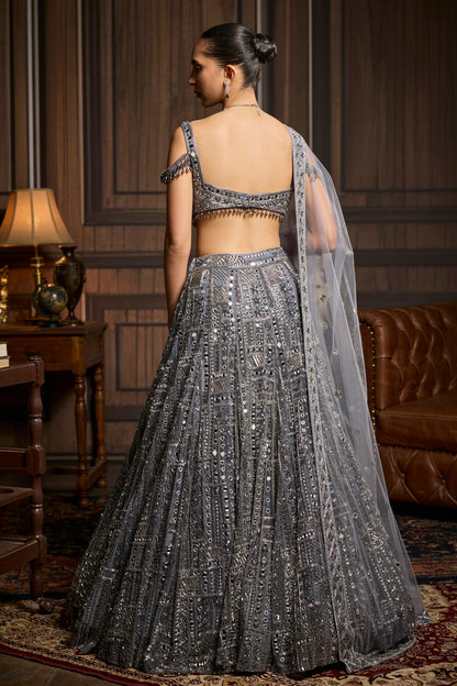 Gunmetal Embellished Mirrorwork Lehenga Set