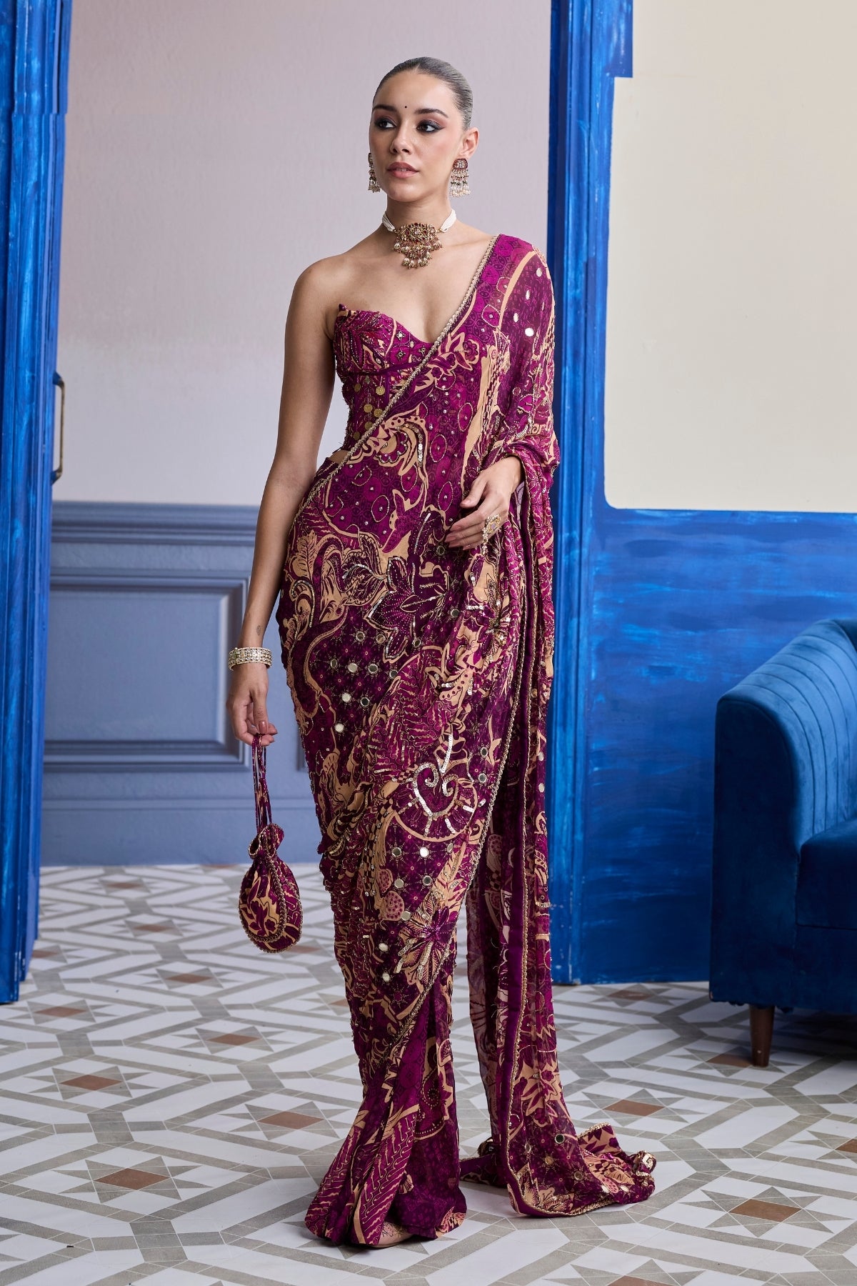 MAGENTA FLORAL CORSET WITH DRAPE CLASSIC SKIRT SAREE SET