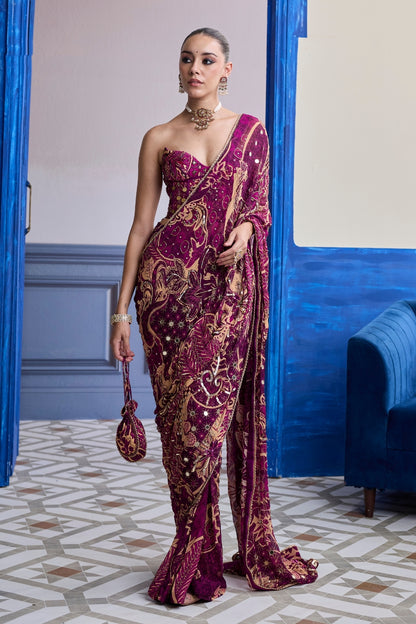 MAGENTA FLORAL CORSET WITH DRAPE CLASSIC SKIRT SAREE SET