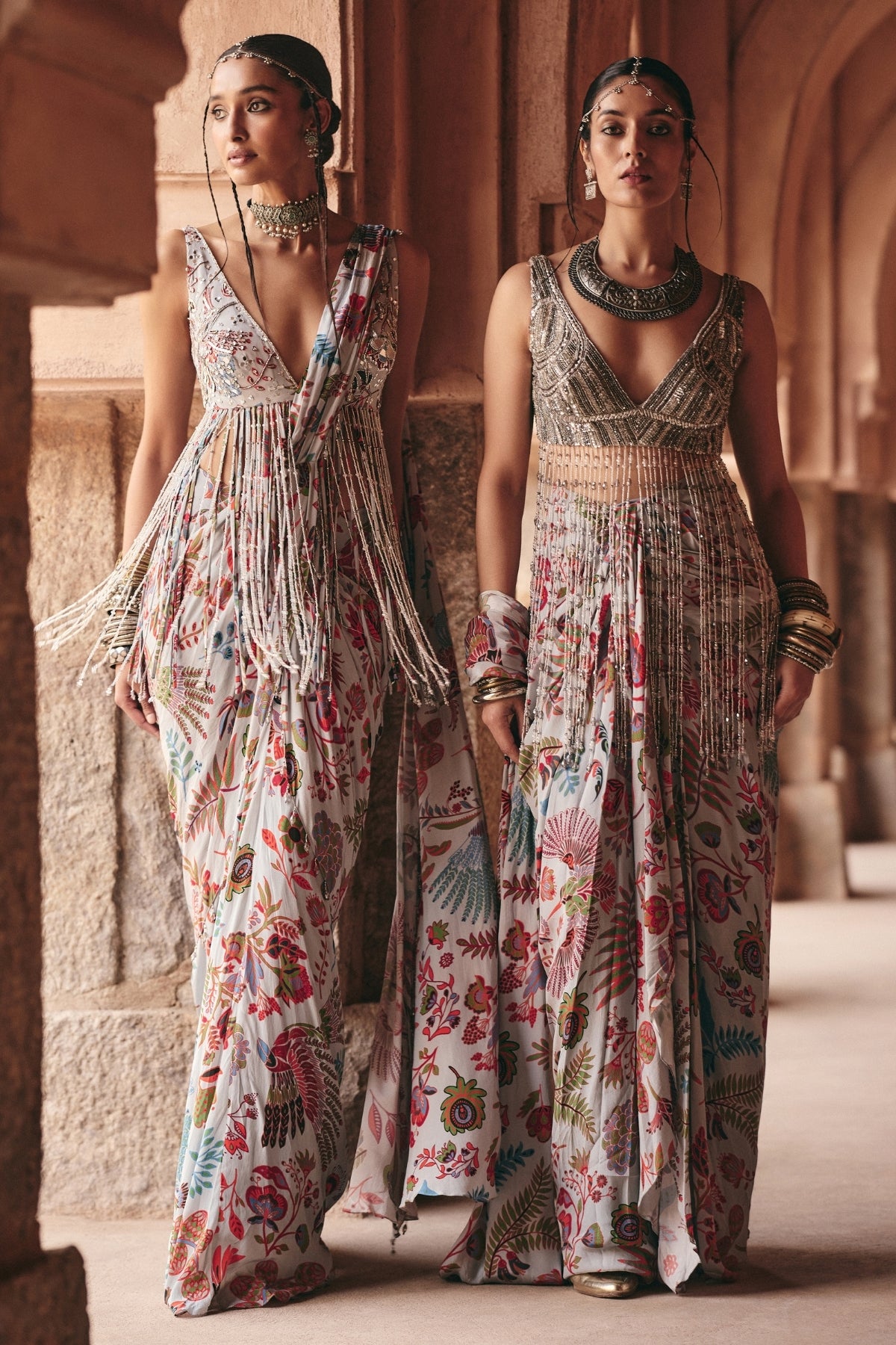 SLATE GREY EMBROIDERED BLOUSE WITH DHOTI SKIRT SAREE SET