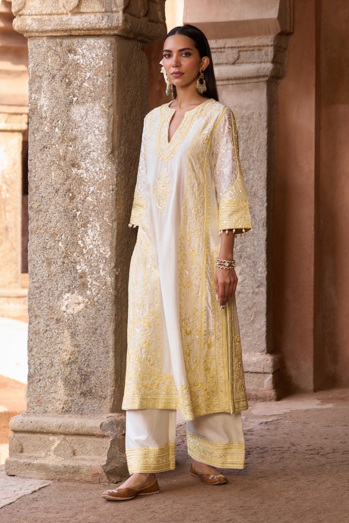 Nurvi - Daisy Ivory With Lemon Yellow Long A-line Kurta With Palazzo And Dupatta