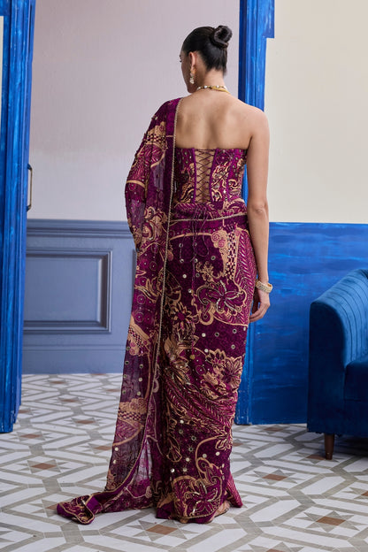 MAGENTA FLORAL CORSET WITH DRAPE CLASSIC SKIRT SAREE SET