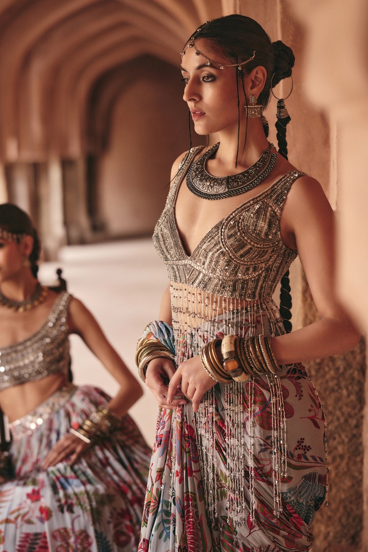 SLATE GREY EMBROIDERED BLOUSE WITH DHOTI SKIRT SAREE SET