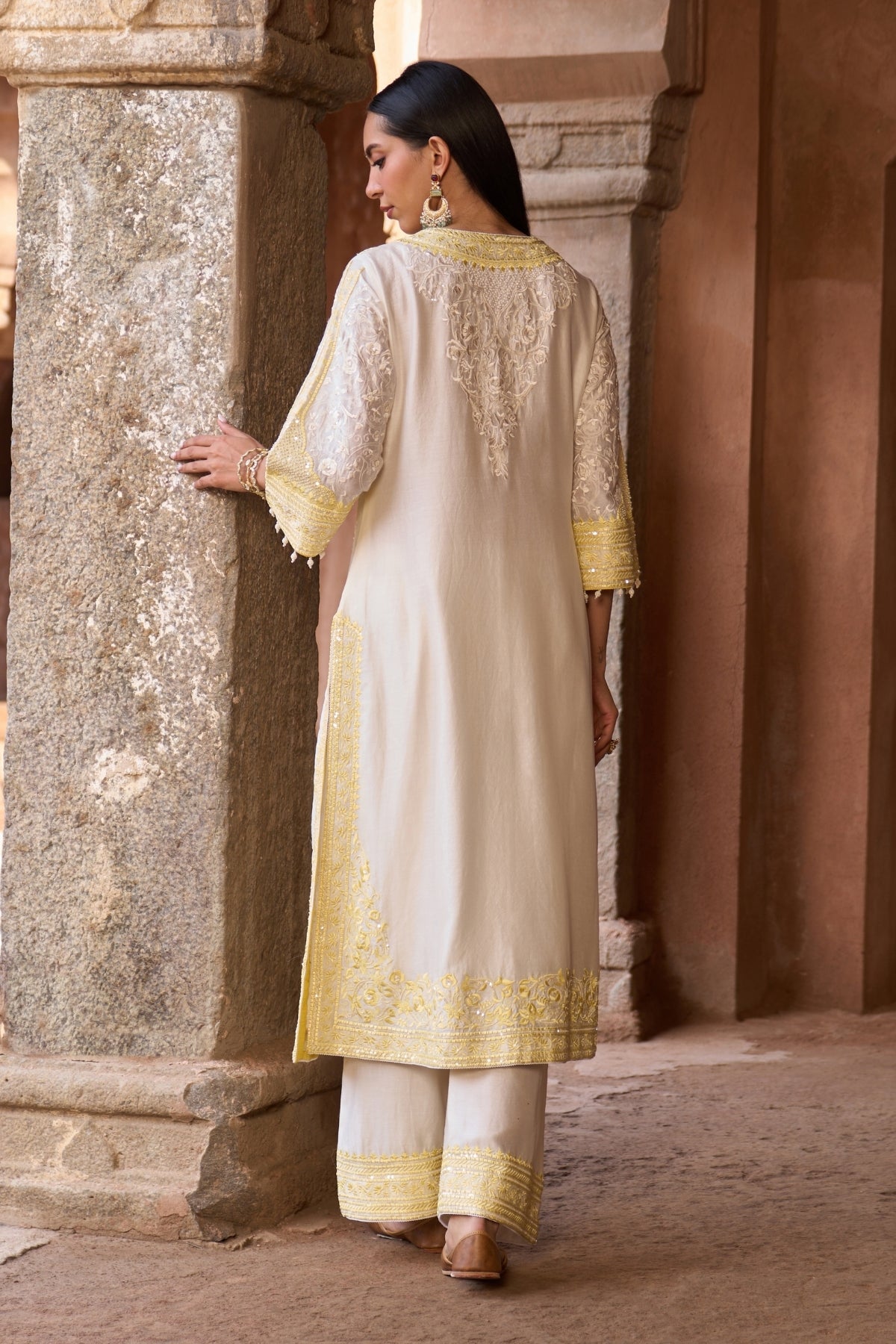 Nurvi - Daisy Ivory With Lemon Yellow Long A-line Kurta With Palazzo And Dupatta