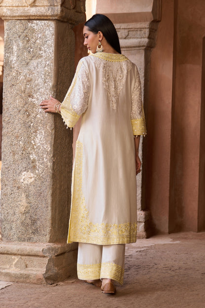 Nurvi - Daisy Ivory With Lemon Yellow Long A-line Kurta With Palazzo And Dupatta