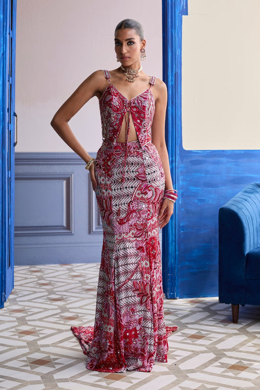 RED FLORAL CORSET WITH HIGHLIGHTED MERMAID SKIRT SET